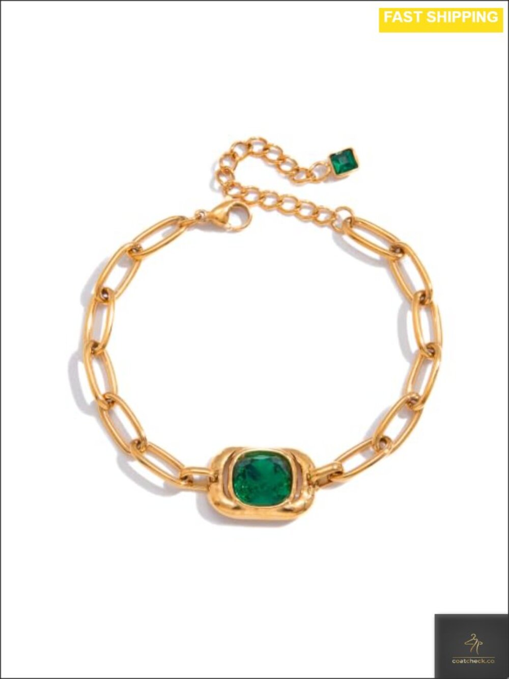 18K Gold Plated Stainless Steel Paperclip Chain Bracelet with Glass Pendant